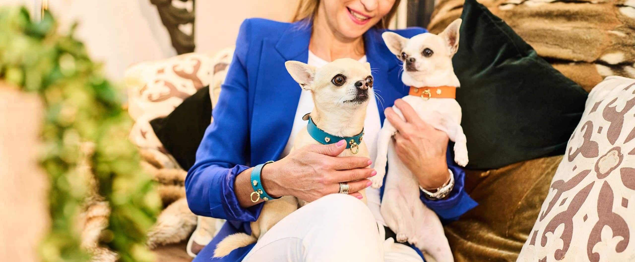 A woman holding her two Chihuahuas wearing MAYADORO Dog Collars, each matched by a bracelet she wears - a sign of deep connection.