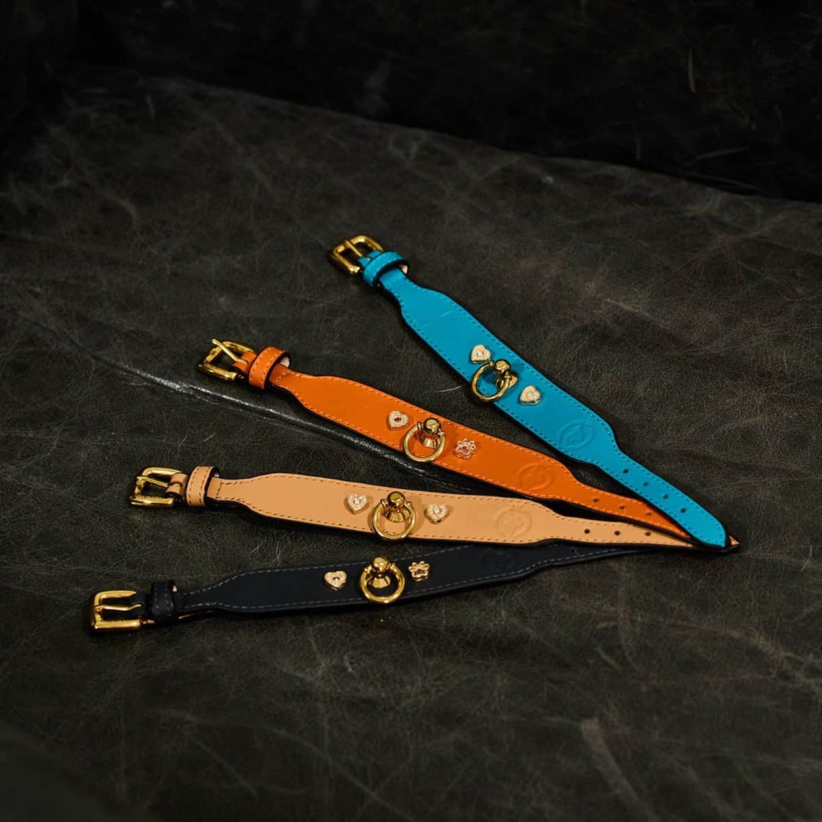 Luxury dog collars with diamond charms in orange, turquoise, beige and black by MAYADORO