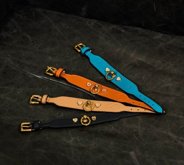 Luxury dog collars with diamond charms in orange, turquoise, beige and black by MAYADORO