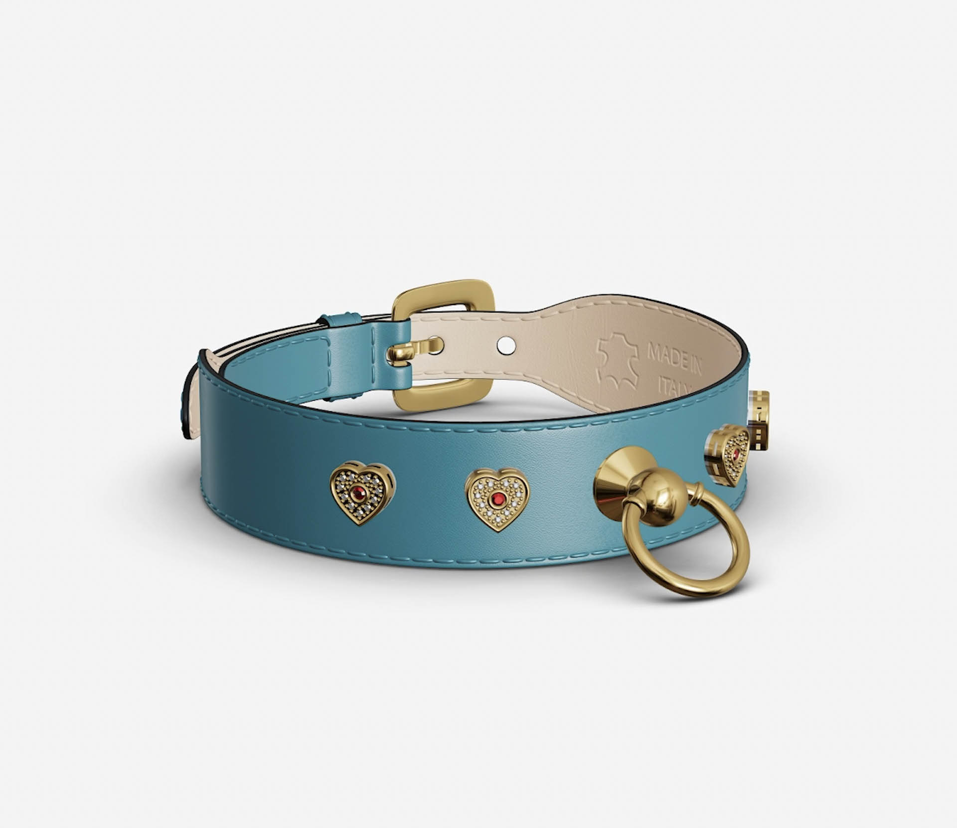 MAYADORO Designer Dog Collar for small dogs in Turquoise with four 14k gold Charms adorned with diamonds and sapphires.