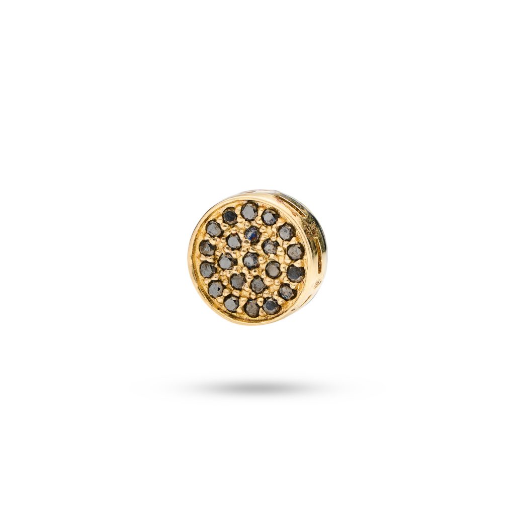 Circle Dog Charm with black diamonds symbolizing infinite love and loyalty between dog and owner, crafted in 14k gold.