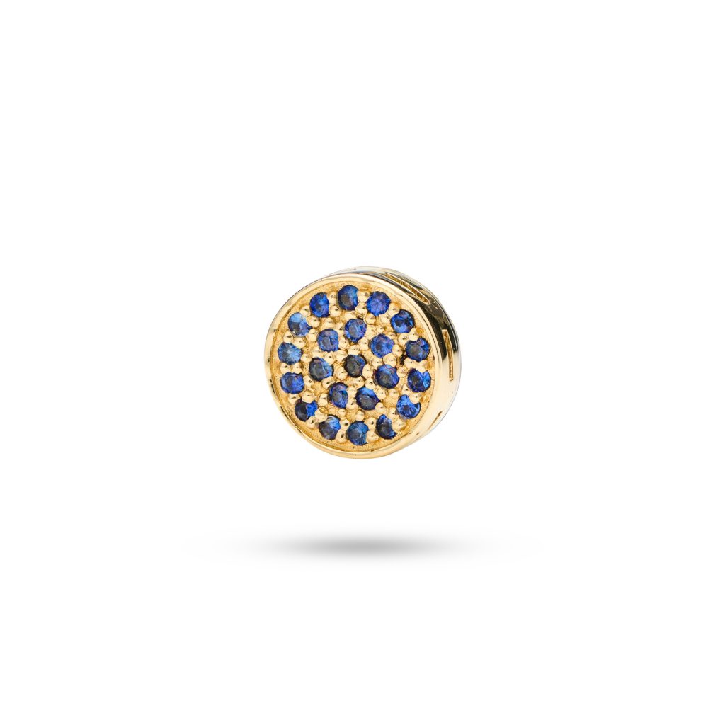 Circle Dog Charm with blue sapphires symbolizing infinite love and loyalty between dog and owner, crafted in 14k gold.