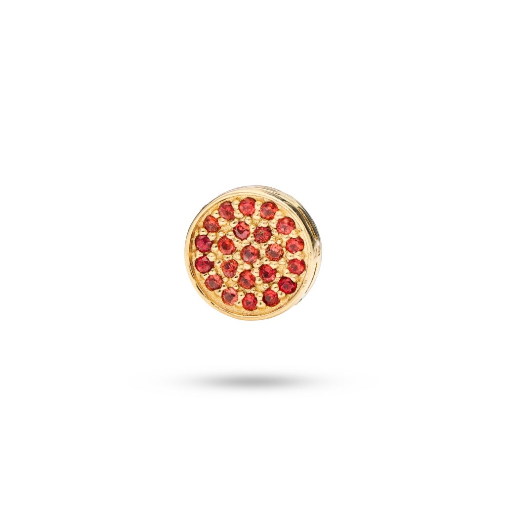 Circle Dog Charm with orange sapphires, symbolizing unity and eternal love between dog and owner, crafted in 14k gold