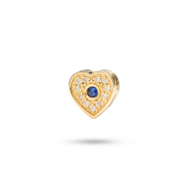 Heart-shaped dog charm in 14k gold with a blue sapphire and 11 diamonds, symbolizing eternal love and devotion.
