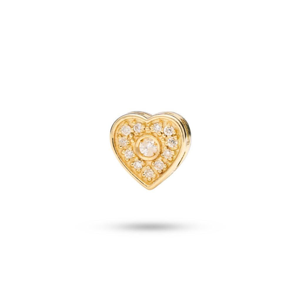 Heart-shaped dog charm in 14k gold adorned with 12 diamonds, symbolizing eternal love and devotion