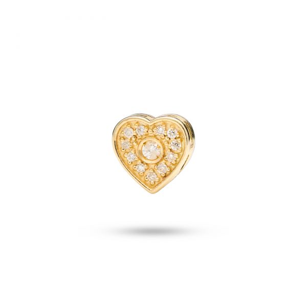 Heart-shaped dog charm in 14k gold adorned with 12 diamonds, symbolizing eternal love and devotion