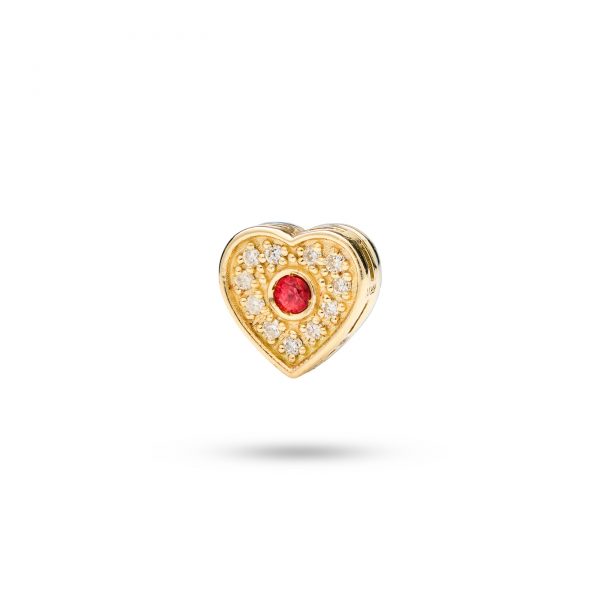 Heart-shaped dog charm in 14k gold with an orange sapphire and 11 diamonds, symbolizing everlasting love and loyalty.