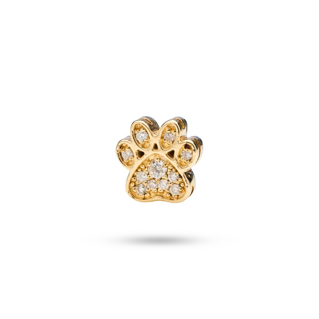 Elegant 14k gold paw print dog charm featuring 11 diamonds, capturing special moments shared with your pet.