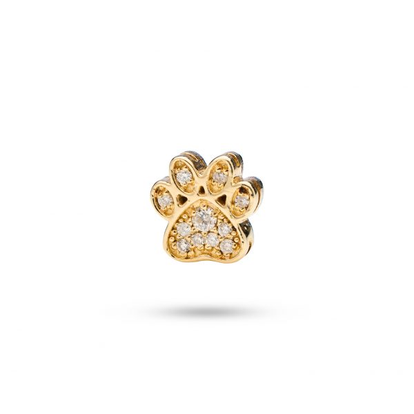 Elegant 14k gold paw print dog charm featuring 11 diamonds, capturing special moments shared with your pet.
