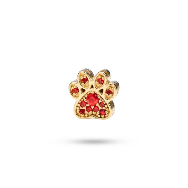 14k gold paw print charm with 11 orange sapphires, symbolizing the special bond and joyful moments shared with your dog