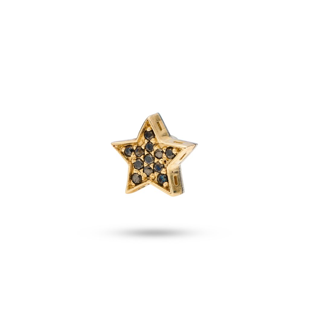 14k gold star-shaped dog charm adorned with 12 black diamonds, symbolizing hope, guidance, and brilliance.