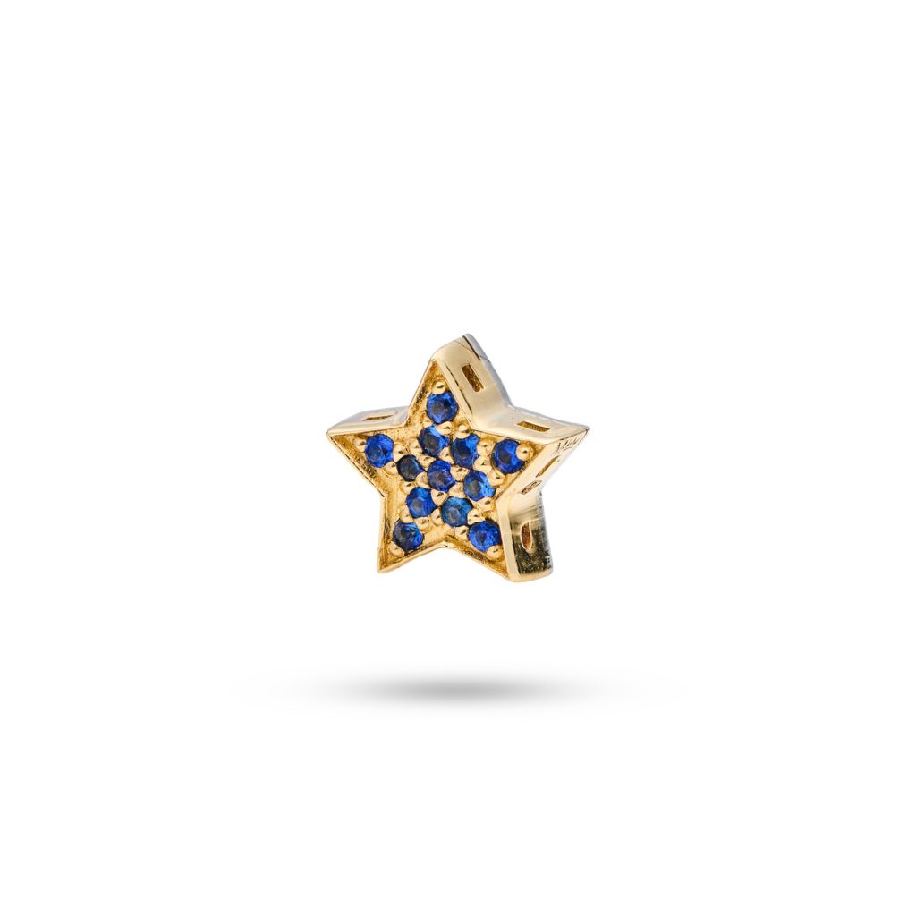 14k gold star-shaped charm with 12 blue sapphires, symbolizing the guiding and brilliant presence of your dog.