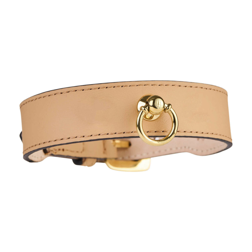 Image of MAYADORO Luxury Dog Collar in beige, designed for small dogs, showcasing high-quality soft calf leather and stainless steel hardware.