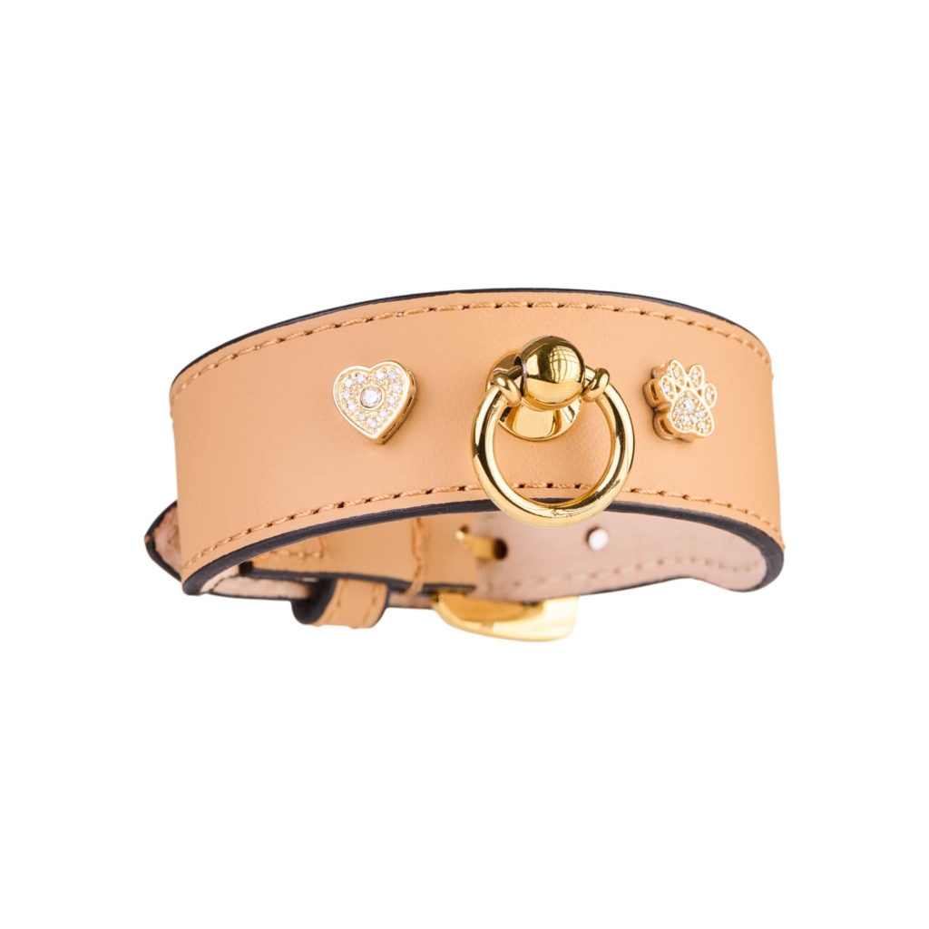 Image of MAYADORO Beige Bracelet with Two Charms: Paw and Heart in 14k Gold with Diamonds.