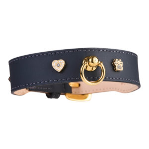 Black white diamond collar for dogs - 14k gold heart and paw charms by MAYADORO
