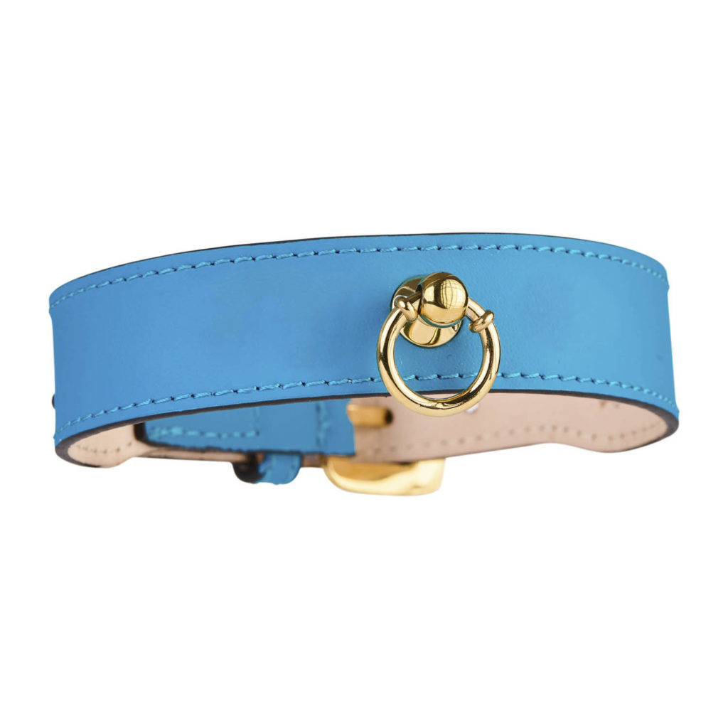 Image of MAYADORO Designer Dog Collar in turquoise, designed for small dogs, showcasing high-quality soft calf leather and stainless steel hardware.