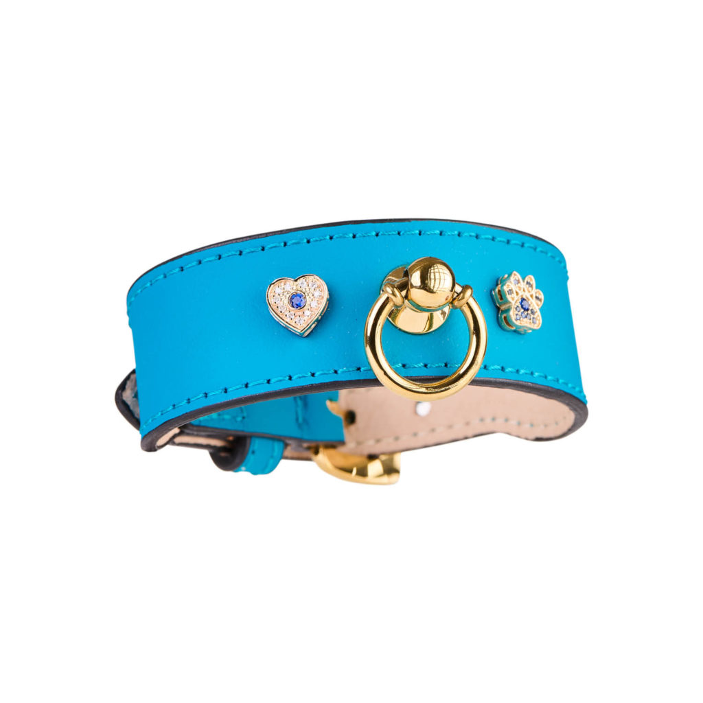 Image of MAYADORO Turquoise Leather Bracelet with Two Charms: Paw and Heart in 14k Gold with Diamonds and Blue Sapphires.