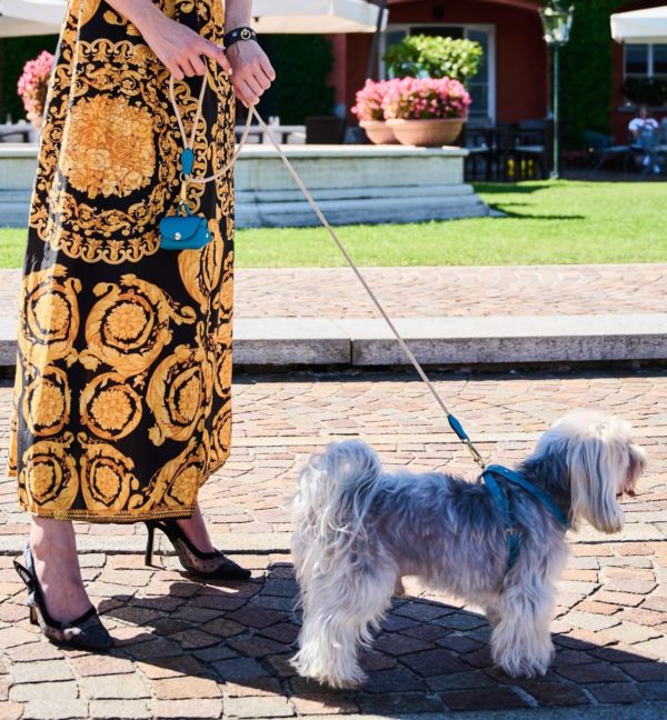 Image of a woman and her dog enjoying summer, with the dog wearing a MAYADORO turquoise harness, matched with a soft velvet leash and a mini bag, all crafted with the finest Italian leather, made in Italy."