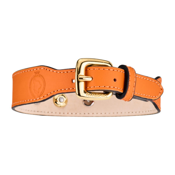 MAYADORO Luxury Fine Jewellery Leather Dog Collar Orange for small dogs, 14kt gold, diamonds – reverse side