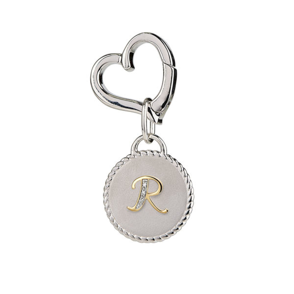 Image of MAYADORO 925 Sterling Silver Dog ID Tag with letter R with Authentic Diamonds.