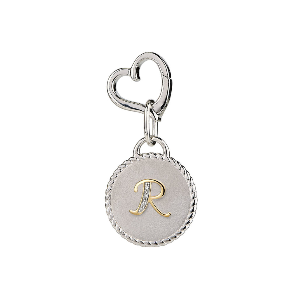 Image of MAYADORO 925 Sterling Silver Dog ID Tag with letter R with Authentic Diamonds for very small dogs.