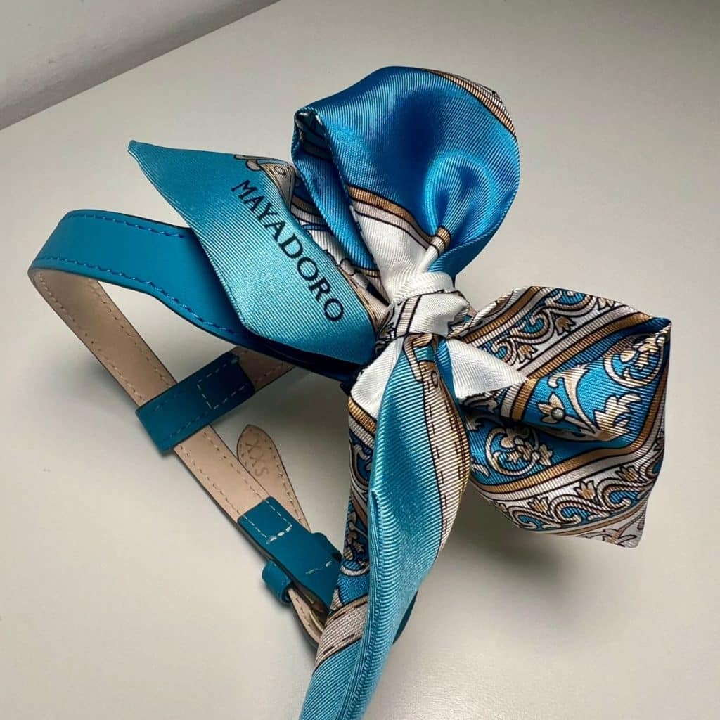 MAYADORO Silk Dog Twilly Turquoise tied to Contour Harness in matching color