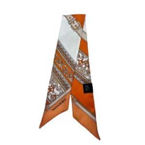 MAYADORO Silk Dog Twilly in orange with ornamental pattern and collar buckle detail. Made in Italy