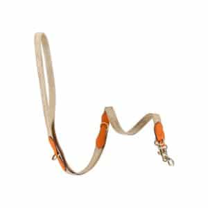 Woven Dog Leash in beige textile with orange leather details and gold metal hardware