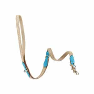 Woven Dog Leash in beige textile with turquoise leather details and gold metal hardware
