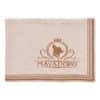 MAYADORO beige cashmere dog blanket, folded, with woven logo for small and tiny dogs.