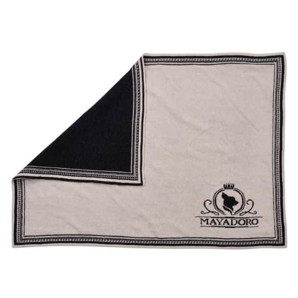 Luxury MAYADORO cashmere dog blanket in Light Black, unfolded with one corner turned over to reveal both front and back sides.