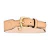 Beige MAYADORO Dog Collar back view with gold stainless steel buckle and embossed brand logo.