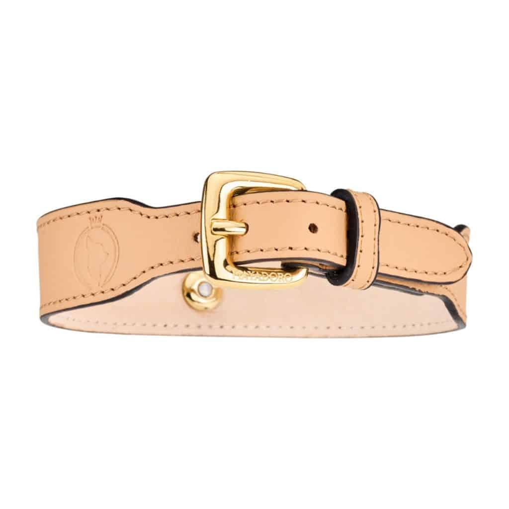 Beige MAYADORO Dog Collar back view with gold stainless steel buckle and embossed brand logo.
