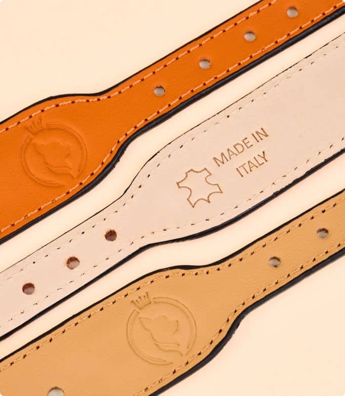 MAYADORO leather collars in orange and beige – handmade in Italy with enduring character and iconic design