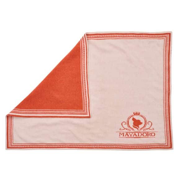 Luxury MAYADORO Orange cashmere dog blanket, unfolded, crafted for small and very small dogs.