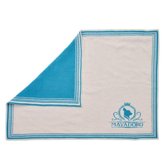 Luxury MAYADORO Turquoise cashmere dog blanket, unfolded, crafted for small and very small dogs.