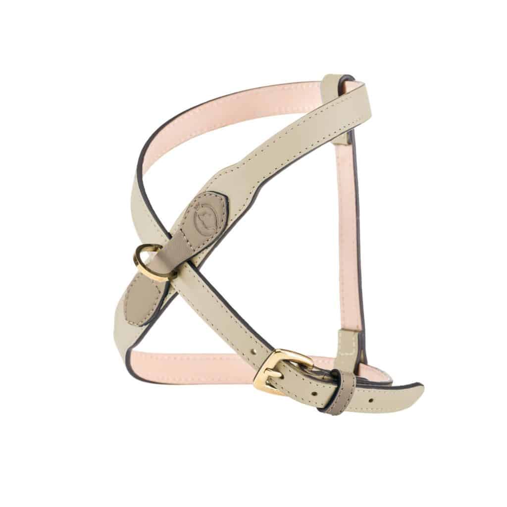 Side view of Contour Harness Ivory with taupe leather accents and gold-coloured stainless steel hardware
