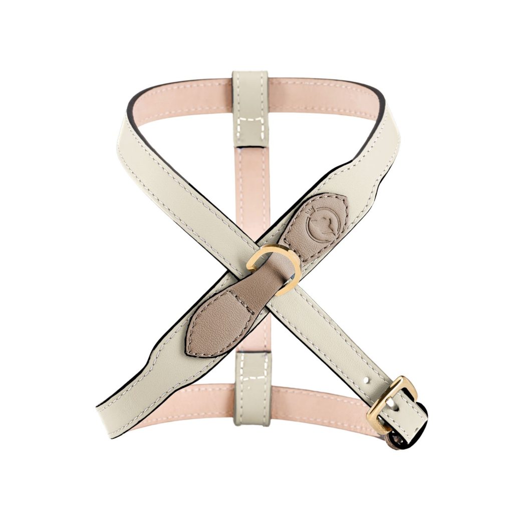 Front view of the MAYADORO Contour Harness Ivory with taupe accents, handcrafted from smooth Italian nappa leather.