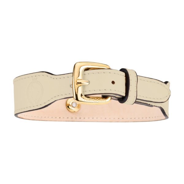 Back view of Signature Dog Collar Ivory with embossed leather logo and moulded buckle detail