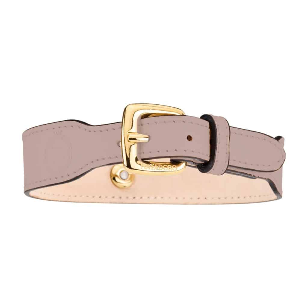 Signature Dog Collar Rosé – back view with leather logo embossing and moulded buckle logo in gold steel