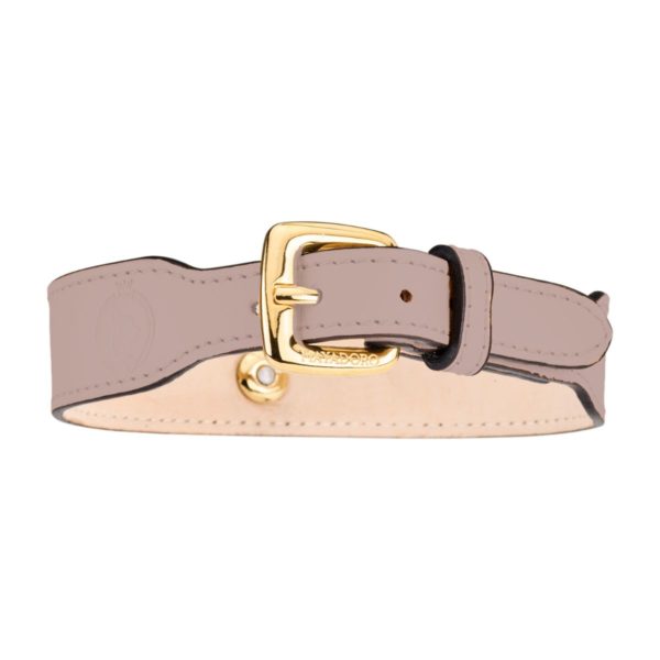 Back view of the Signature Dog Collar Rose showing embossed logo on leather and moulded logo on stainless steel buckle