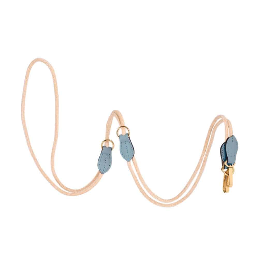 Velvet Long Leash Sky - long dog leash with beige velvet cord and sky-blue leather