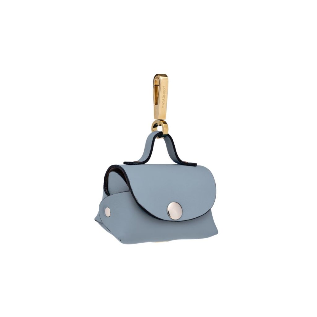 Sky blue leather mini-bag with stainless steel carabiner - MAYADORO