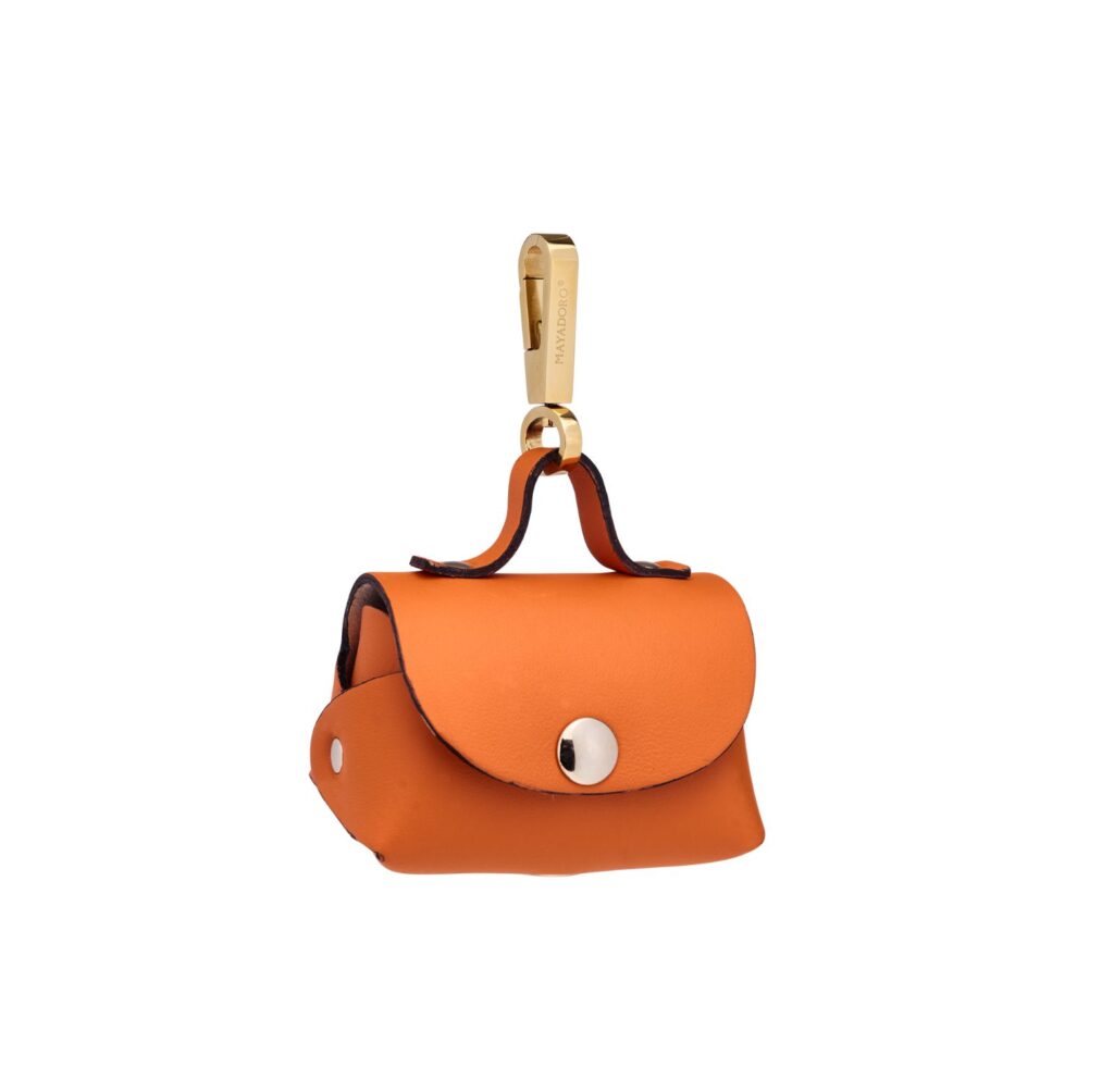 MAYADORO orange leather mini bag with stainless steel carabiner, handcrafted in Italy