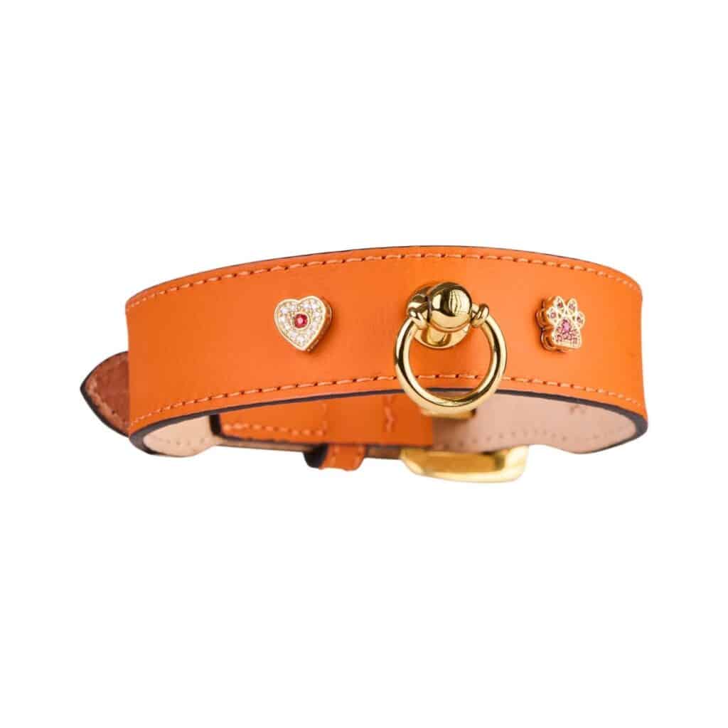 MAYADORO fine jewelry dog collar with diamond and orange sapphire heart motifs